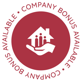 A red circle with text "Company Bonus Available". Inside, a white hand holds a house with people symbols. Emphasizes support and rewards.